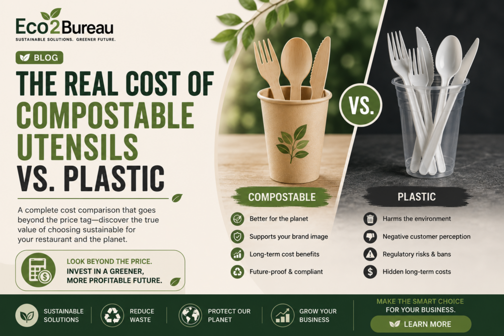 please design blog post banner for [The Real Cost Of Compostable Utensils Vs. Plastic