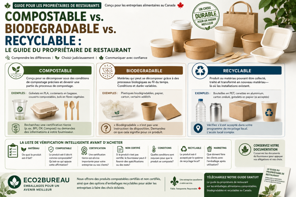 Confus par les étiquettes d’emballage? Découvrez ce que signifient réellement les termes compostable, biodegradable, et recyclable selon les règles canadiennes, et ce que les restaurateurs doivent savoir.